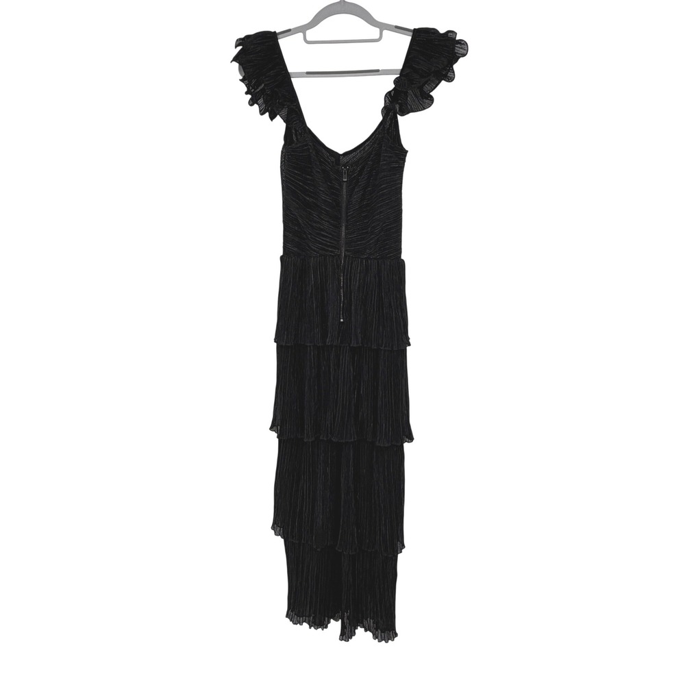 Saylor Black Metallic Pleated Tiered Midi Dress Ruffle Sleeves Size Small LBD